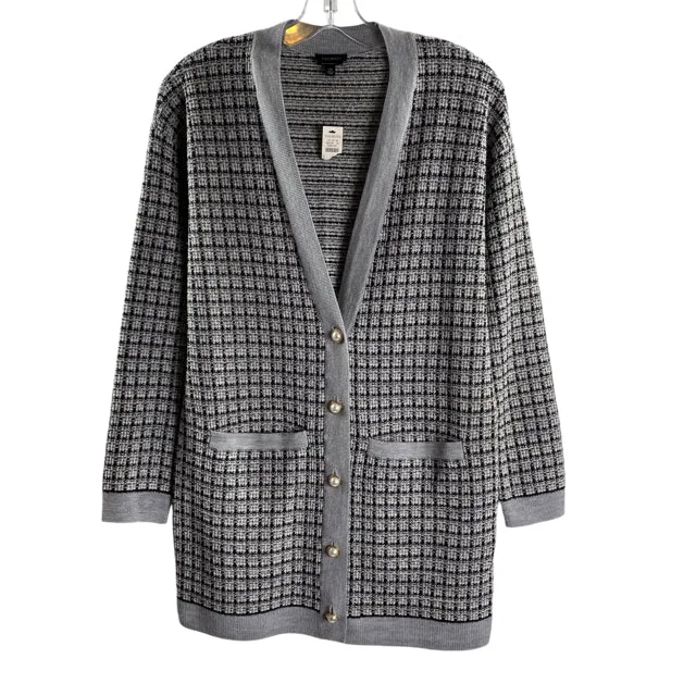 TALBOTS Size X-SMALL Gray/Black Plaid Long Sleeve Cardigan Merino Wool SWEATER Lightweight Heavyweight Midweight