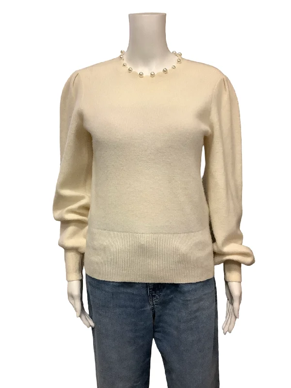 Kate Spade Pearl Crew Neck Sweater Neutral Size: S Solid Print Embellished