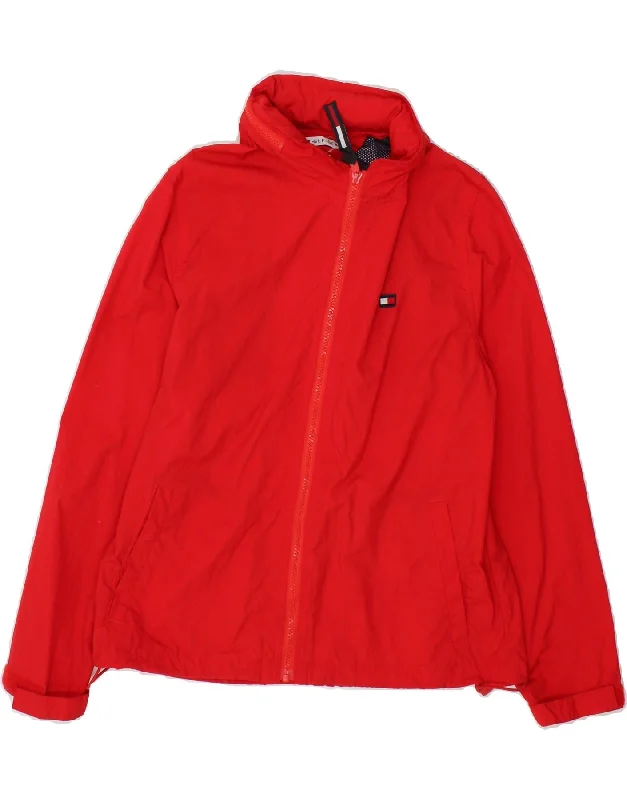 TOMMY HILFIGER Womens Hooded Rain Jacket UK 14 Medium Red Polyester Print Jacket Jacquard Jacket Patchwork Jacket