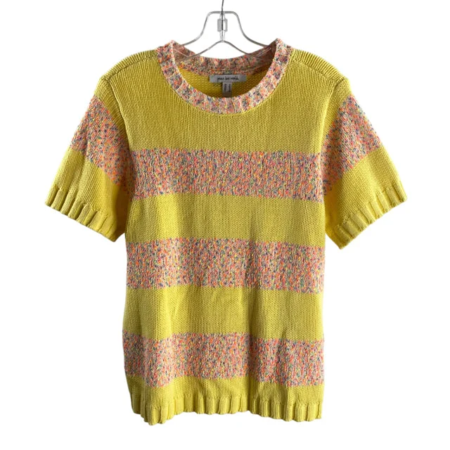 PEACE LOVE WORLD Size SMALL Yellow/Pink Stripe Short Sleeve Cotton Knit SWEATER Lace Blend Ribbed Blend Corduroy Blend