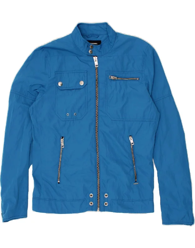 DIESEL Mens Bomber Jacket UK 38 Medium Blue Polyester Ribbed Jacket Pleated Jacket Ruffled Jacket