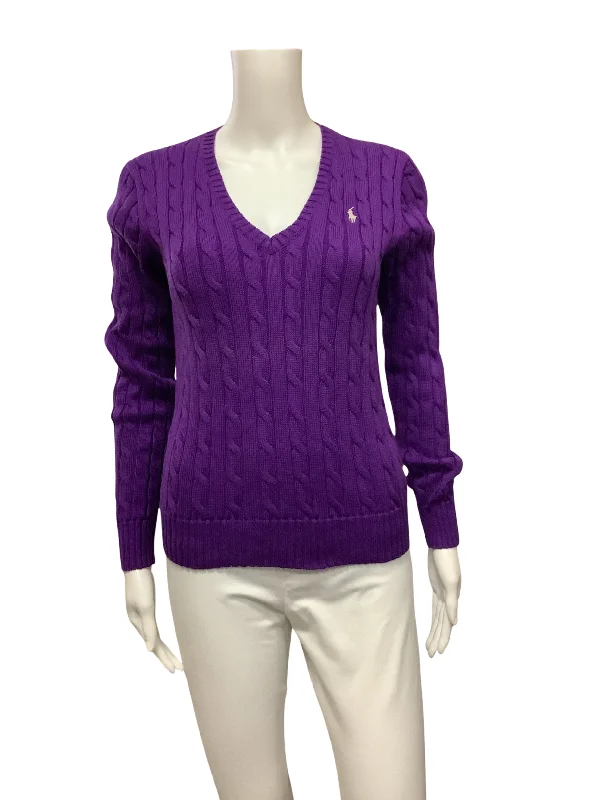 Polo Sweater Purple Cable Knit V Neck Size: M Toggled Drawstring Belted