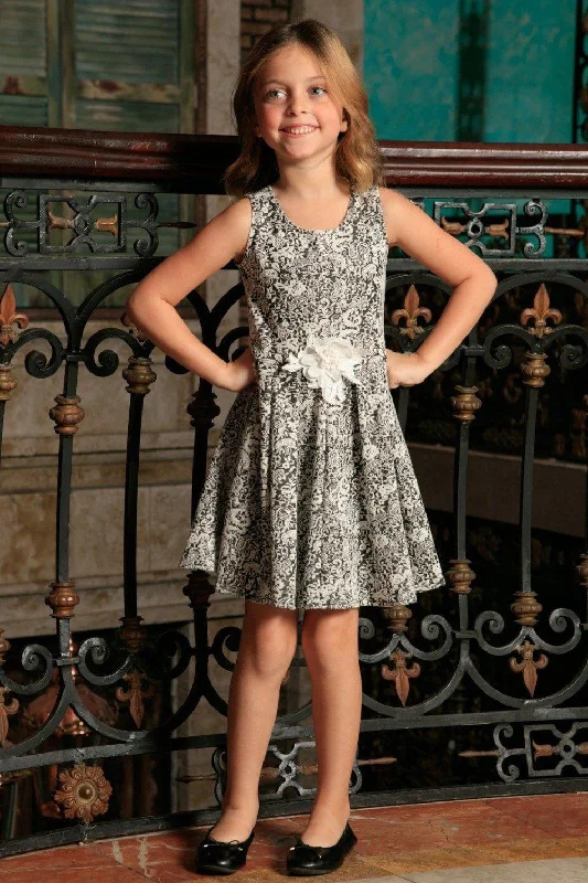 Black White Stretchy Sleeveless Skater Fit & Flare Party Dress - Girls Crew Neckline Casual