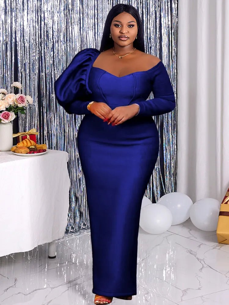 Off-Shoulder Blue Long Sleeve Evening Party Dress with High Waist for Women Tunics Fall fleece