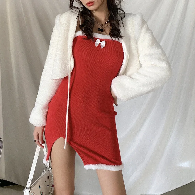 Christmas Annual Party Dress Winter Sexy Tight-fitting Split Hip Red Dress Crew Neckline Sporty