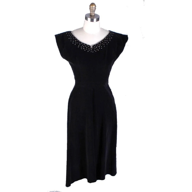 Full Skirted Vintage Black Velvet Party Dress 1950S 36-28-Free Rhinestone Accents Tunics Top rated