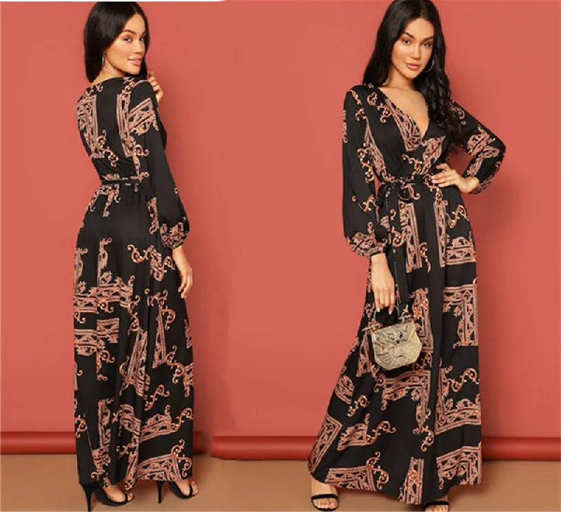 Printed Belt Dress Retro Evening Dress Tunics Sophisticated sleek