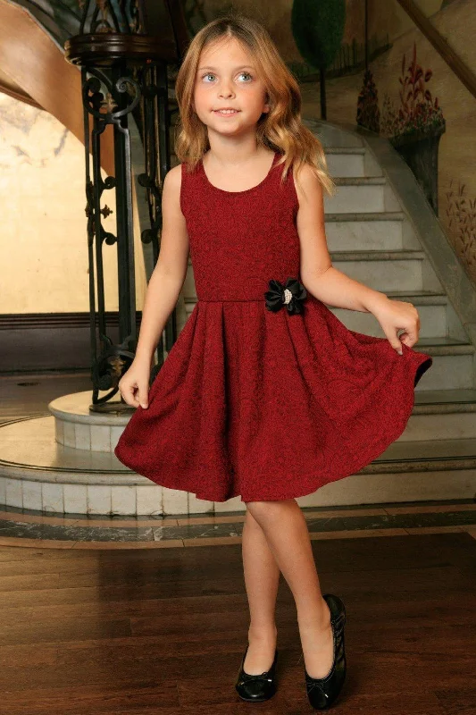 Ruby Red Floral Sleeveless Skater Cute Princess Party Dress - Girls Halter Neckline Beach