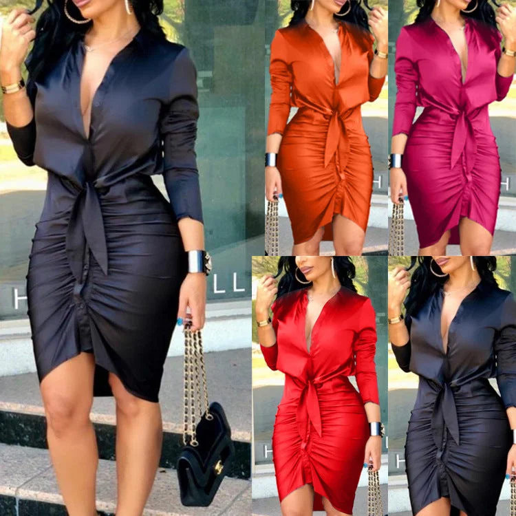 Women Lace-up Solid Color Long Sleeve Midi Dress Shirt Dress Elegant Fashion Party Dress Satin Halter Glamorous