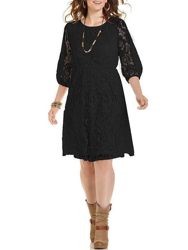 Elegant Black Lace 3/4 Sleeve Plus Size Midi Dress Evening Dress Tunics Luxurious high-end