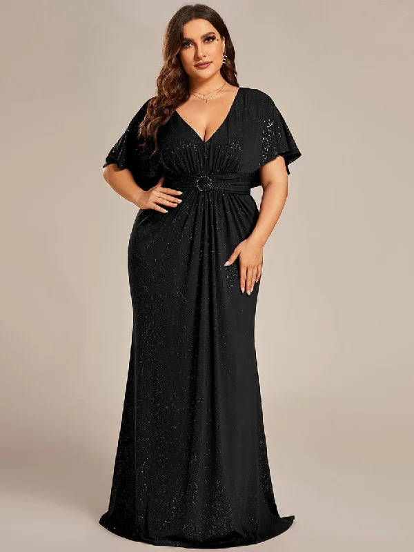 Plus Size Glitter Bat-Wing Sleeve Waist-Cinching Mermaid Evening Dress Tunics Fall fleece