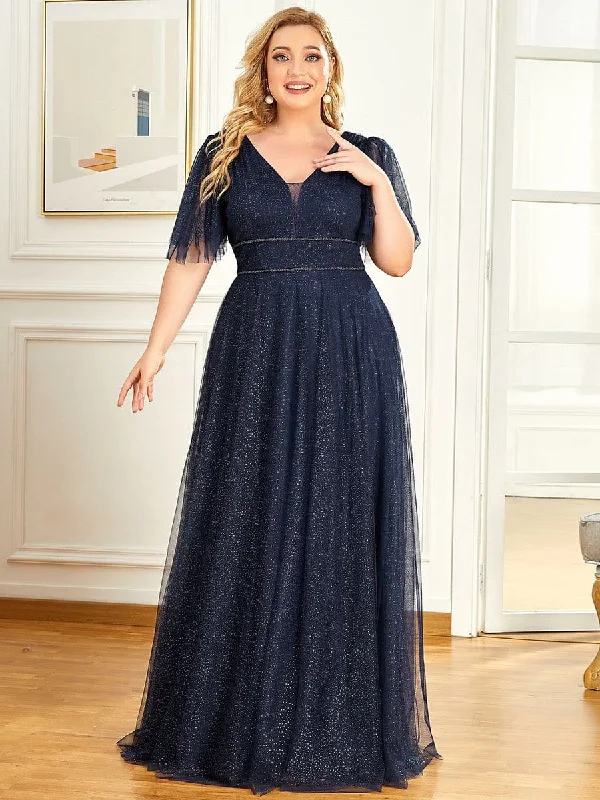 Plus Size V Neck Tulle Formal Evening Dress with Ruffle Sleeves Tunics Vintage classic