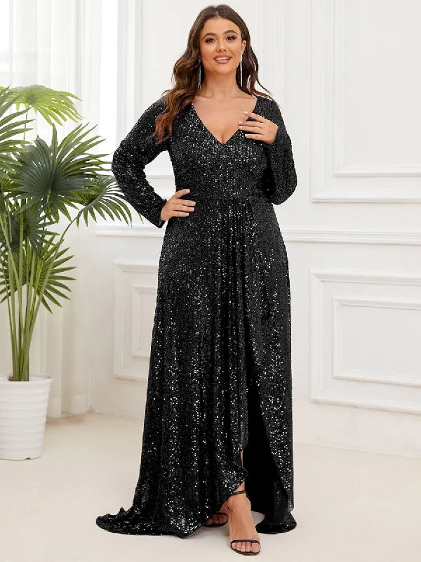 Plus Size Sequin V-Neck Long Sleeve High Slit Bodycon Evening Dress Tunics Seasonal trendy