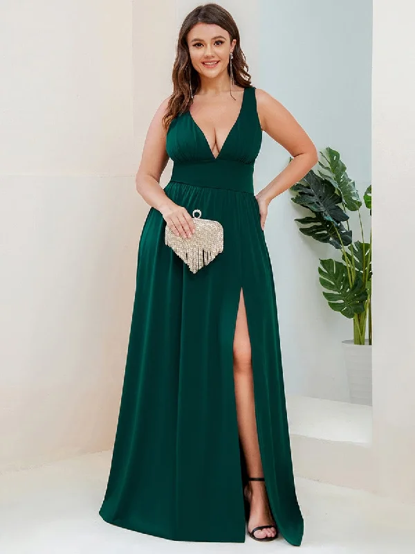 Plus Size Sleeveless V-Neck Empire Waist High Slit Floor-Length Evening Dress Tunics Cozy comfortable