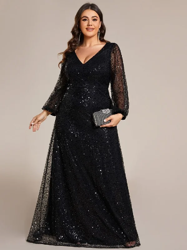 Plus Size V-Neck Lantern Long Sleeve Sequin A-Line Evening Dress Tunics Recommended stylist