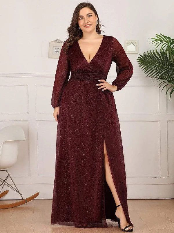 Plus Size V-Neck Shiny Puff Sleeve Evening Dress for Women Tunics Occasion special