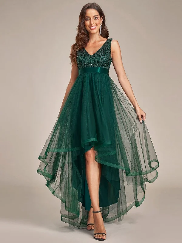 Sequin Bodice Tulle High-Low Evening Dress with Ribbon Waist Tunics Top rated