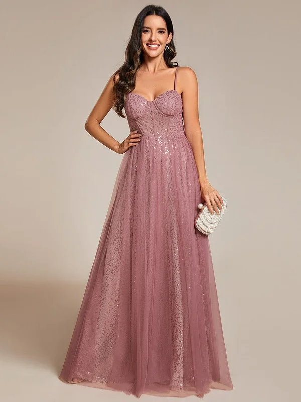 Spaghetti Straps Illusion Sleeveless A-Line Sequin Evening Dress with Tulle Cover Tunics Versatile stylish