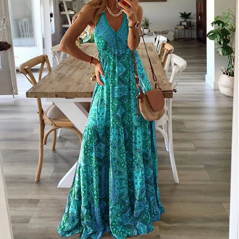 Vintage Printed Casual Lady Party Dress Women Chic Sling V-Neck Beach Boho Dress Summer Sexy Elegant Sleeveless Long Dresses Tunics Favorite customer