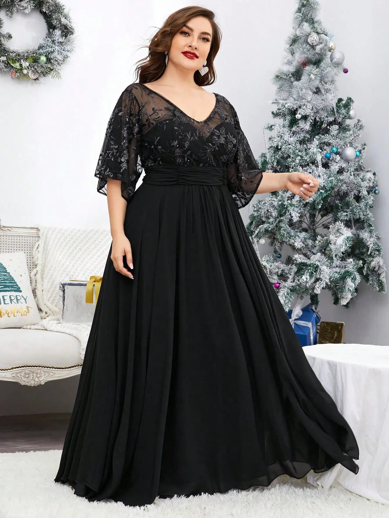 Black Lace Sequins Half Sleeve Plus Size Evening Dress Tunics Ceremony elegant