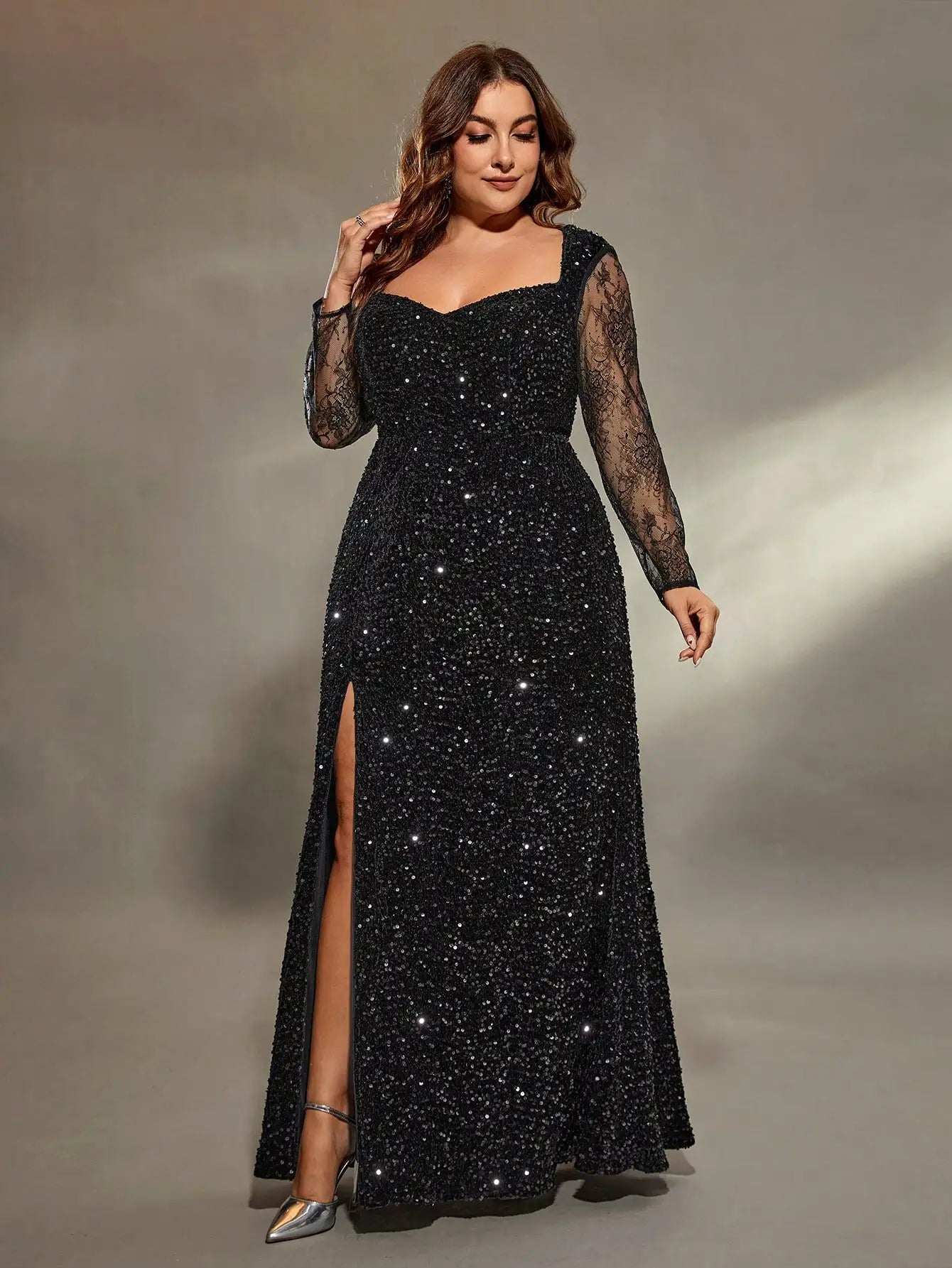 Black Plus Size Sequin Lace Long Sleeve Party Dress Tunics Office stylish