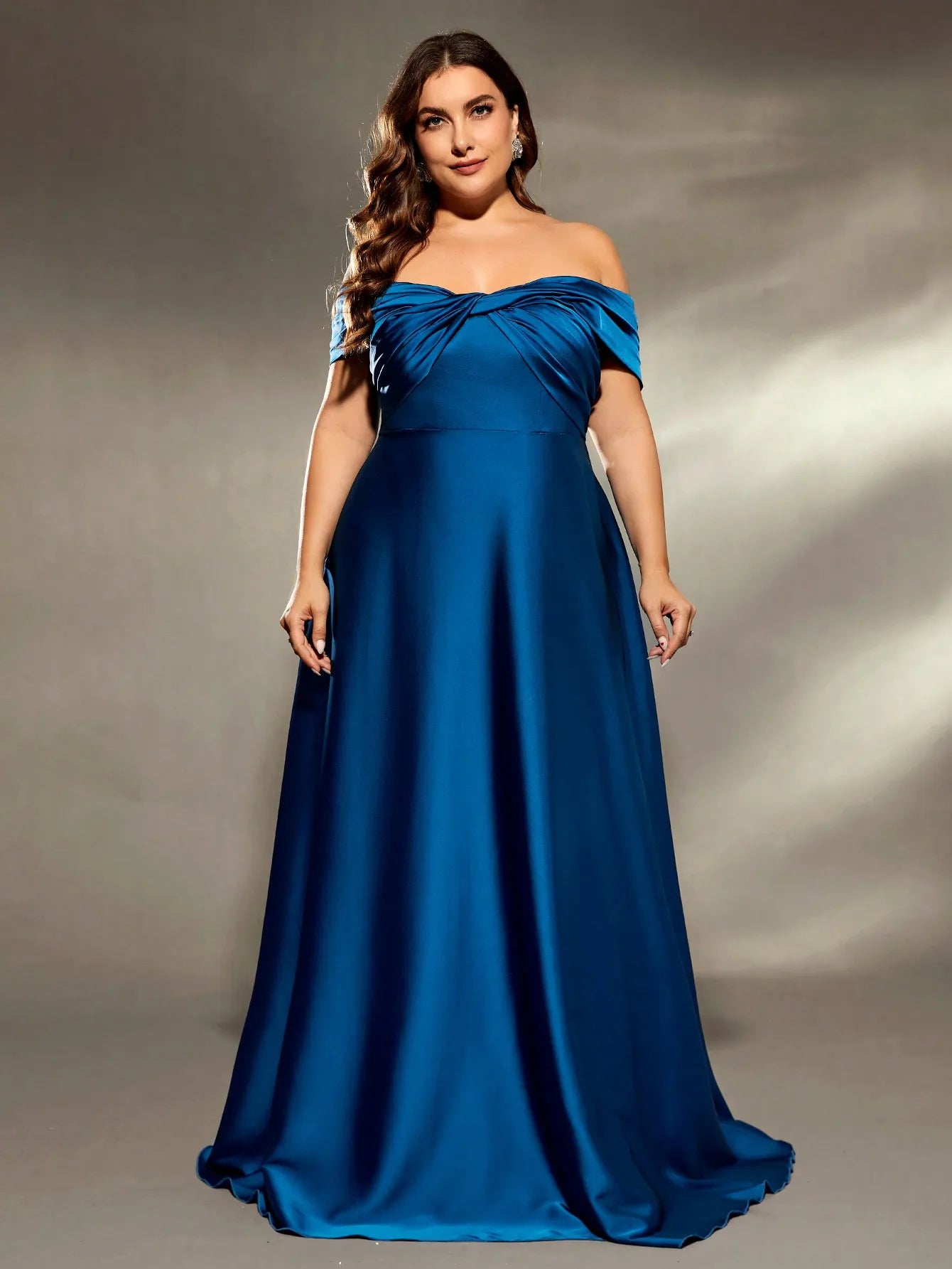 Blue Plus Size Off The Shoulder Satin Bridesmaid Party Dress Tunics Business professional