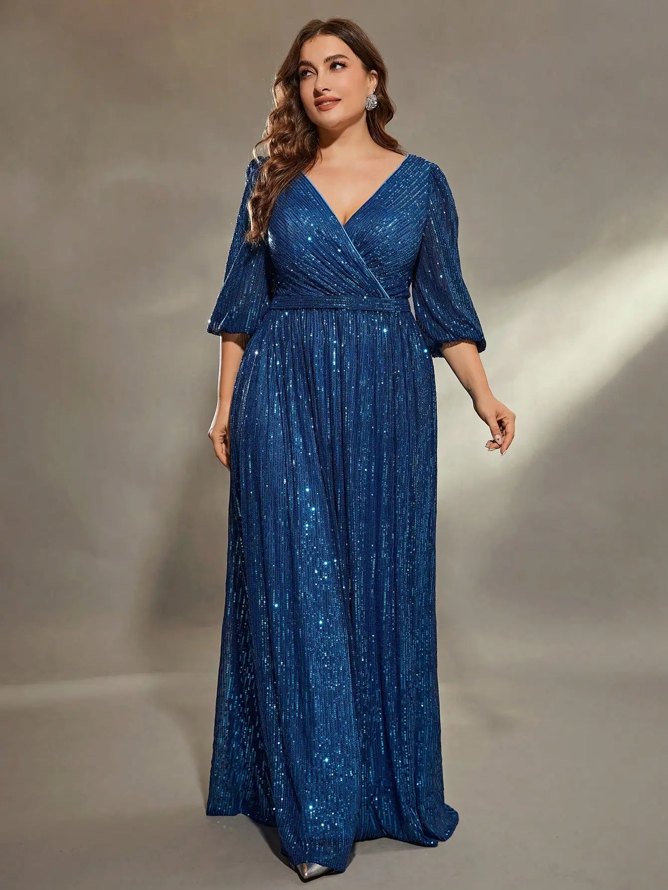 Blue Plus Size V Neck Pleated Sequin Evening Party Dress Tunics Chinos classic