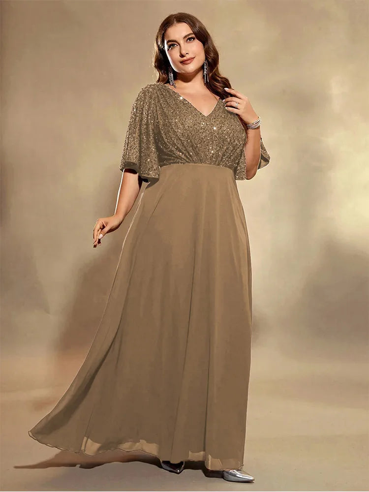 Brown Plus Size Chiffon V-Neck Sequined Evening Dress Tunics Wedding white