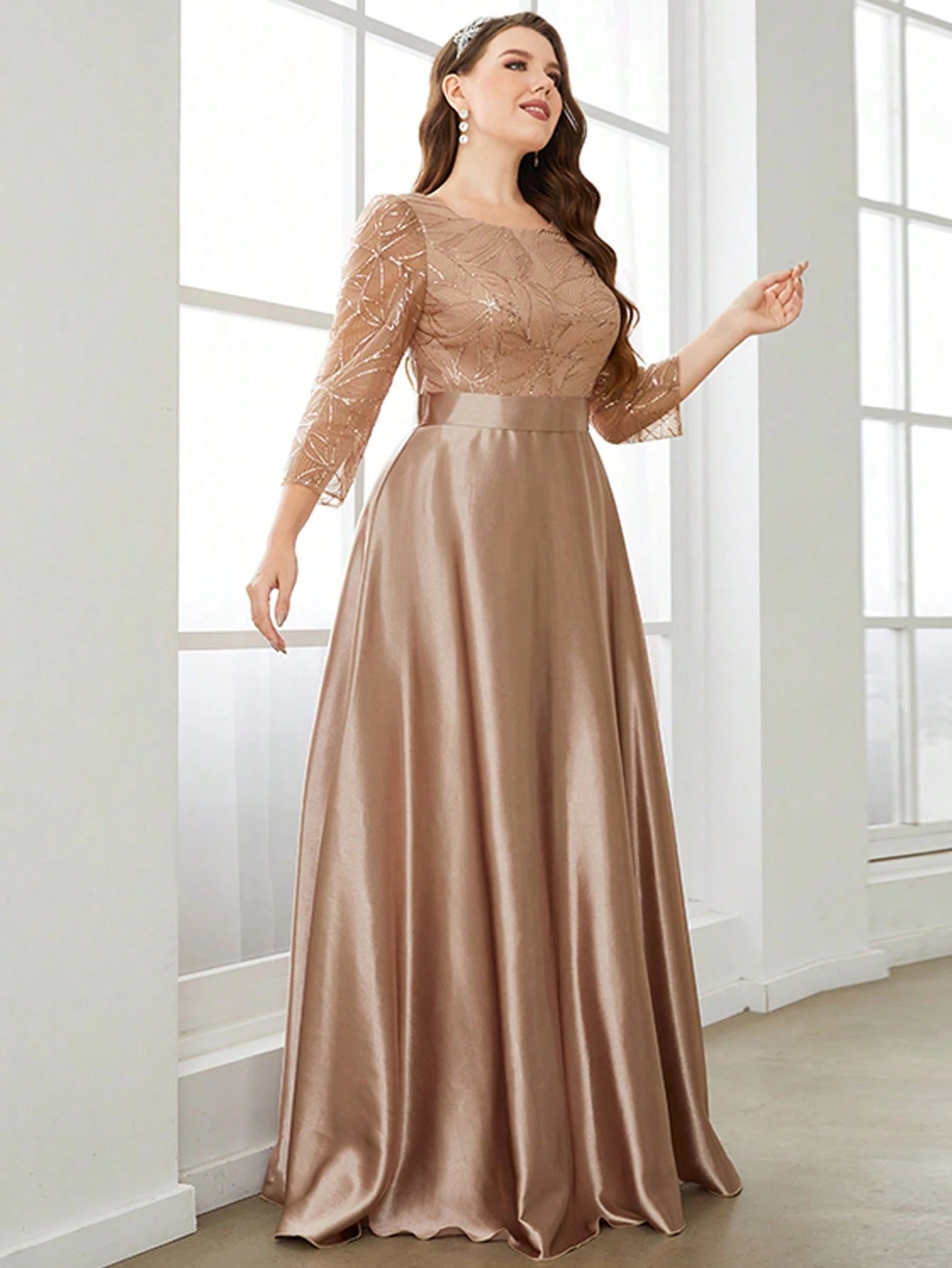 Champagne Round Neck Lace Sleeve Plus Size Party Dress Tunics Summer linen