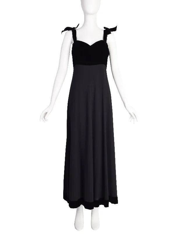 Chanel Vintage AW 1993 Black Velvet & Wool Maxi Bow Evening Dress Lace Sexy Club