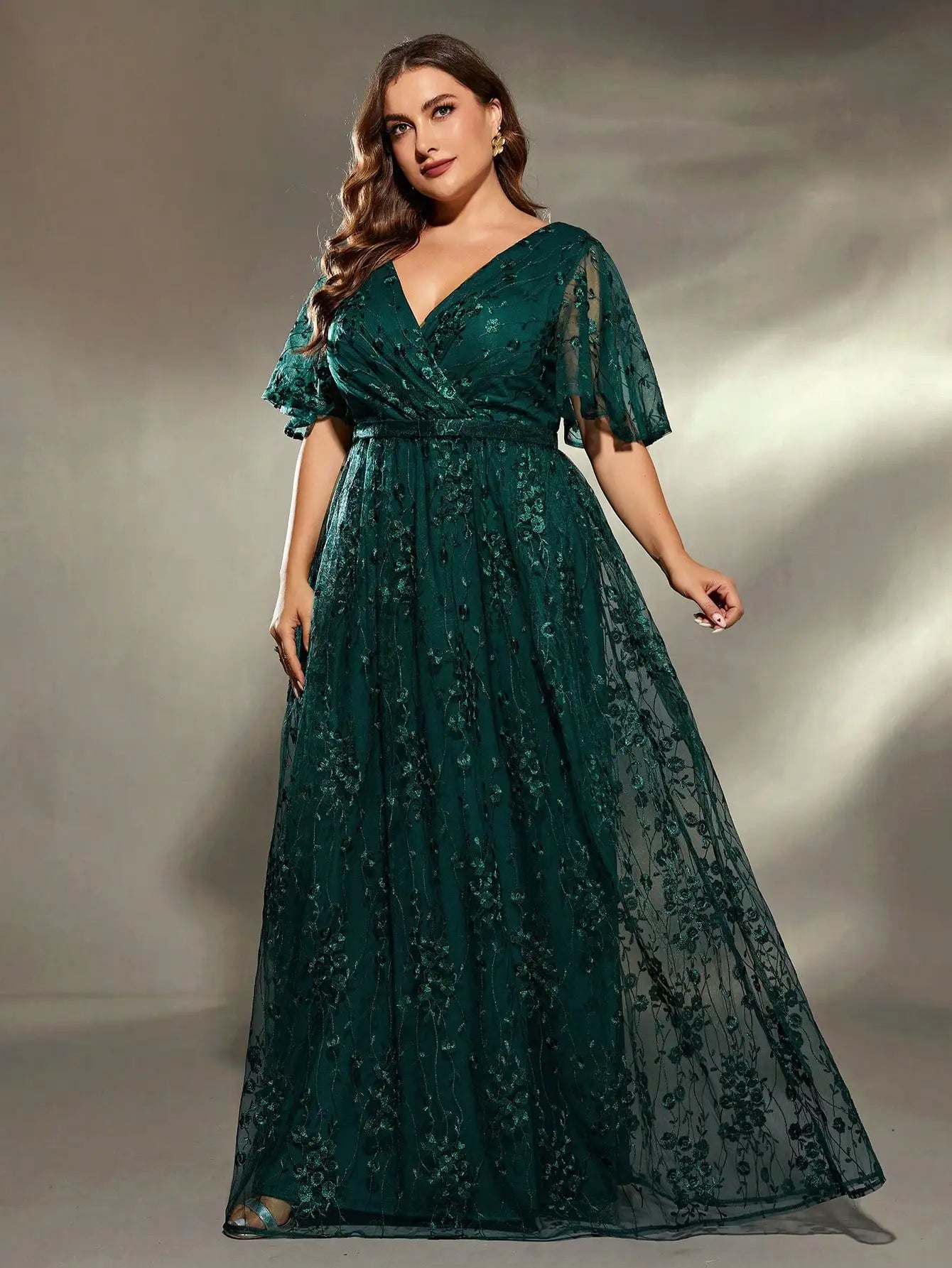 Dark Green V Neck Lace Plus Size Party Dress Tunics Travel practical