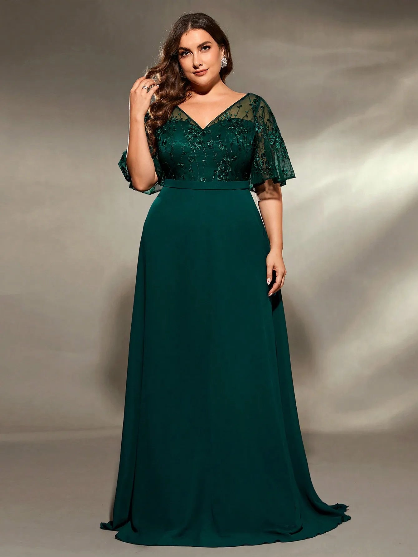 Green Chiffon Lace Plus Size Short Sleeve Party Dress Tunics Running lightweight