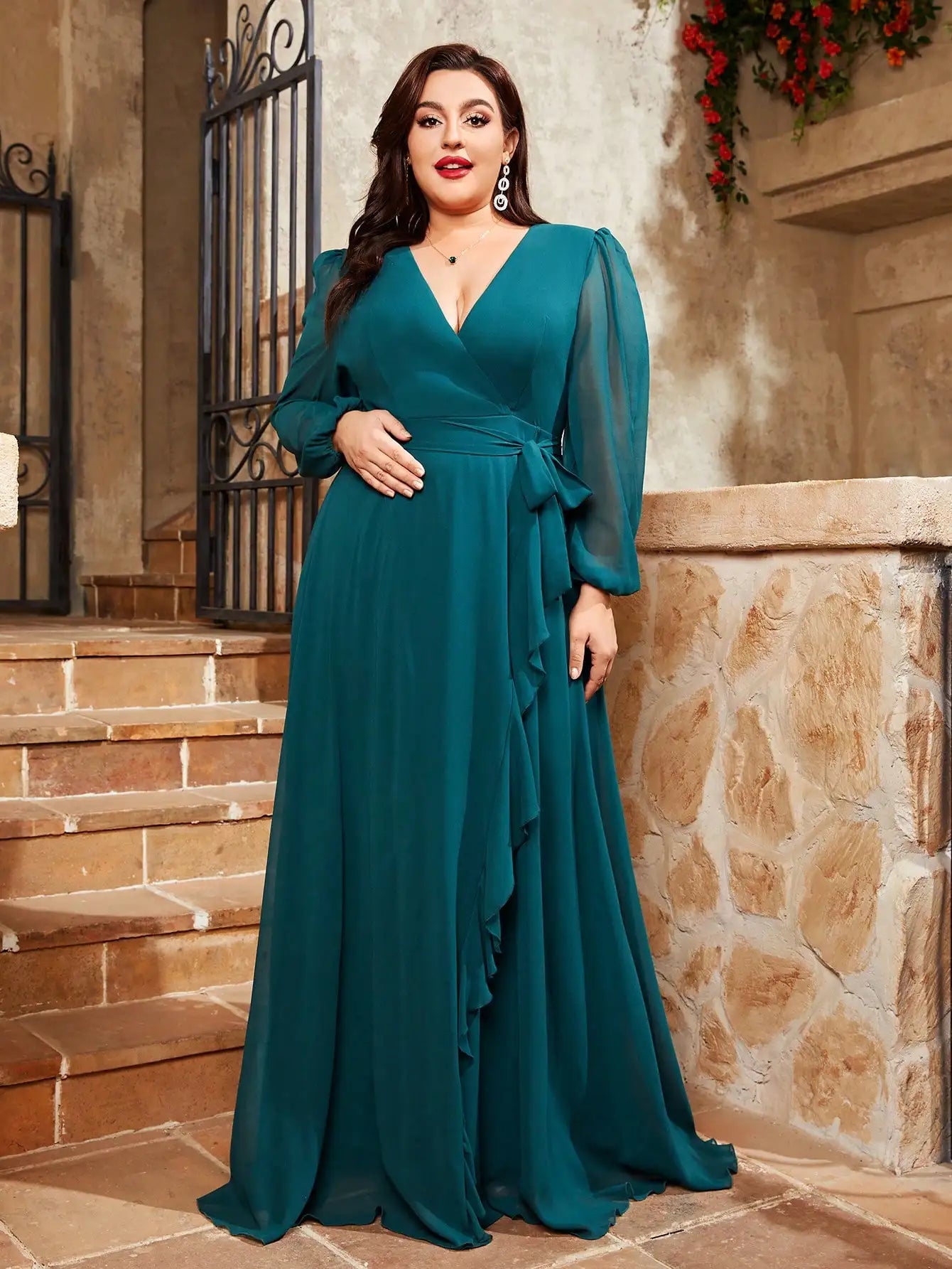 Green Plus Size Chiffon Crossover Style Party Dress Tunics Spring floral