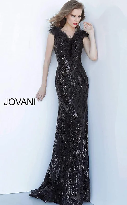 Jovani 2925 Black Off the Shoulder Feather Neckline Evening Dress Tunics Solid Classic