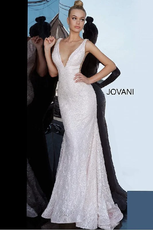 Jovani 65547 Plunging Neckline Lace Long Evening Dress Tunics Modern contemporary