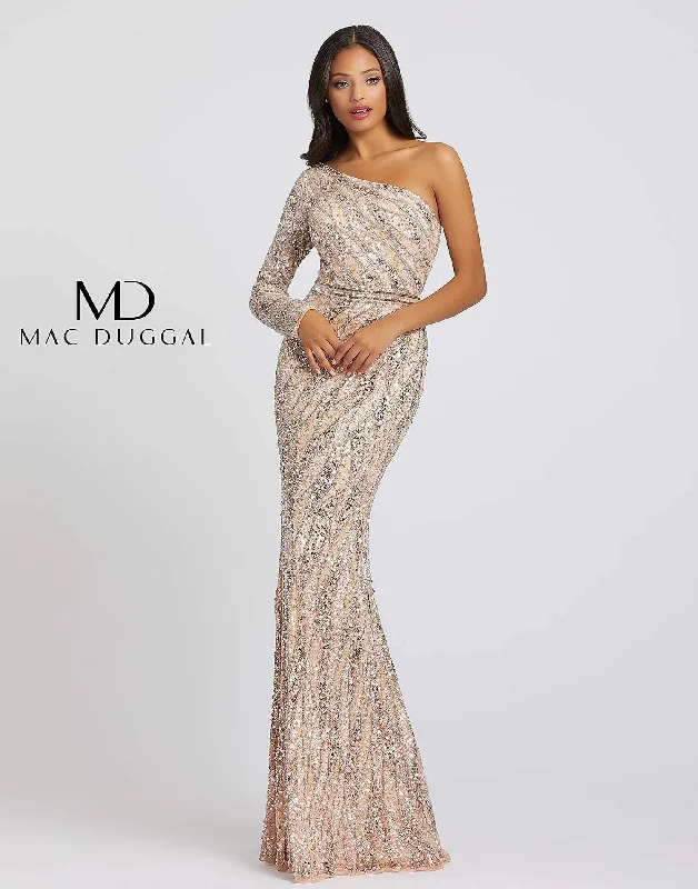 Mac Duggal 4982 Prom Long Formal One Shoulder Evening Dress Satin Halter Glamorous