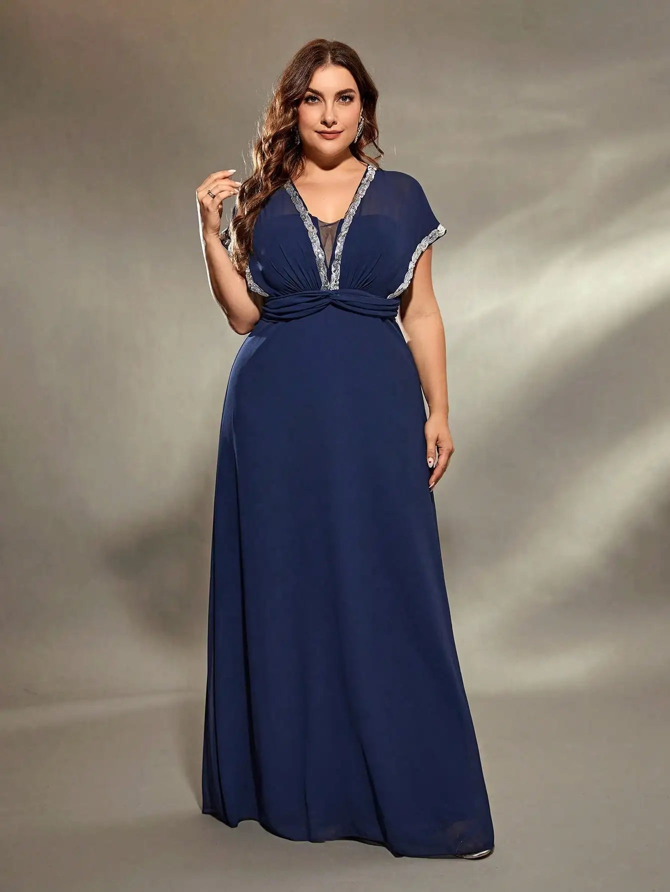 Navy Chiffon Silver Sequin Trim Plus Size Evening Dress Tunics Hiking breathable