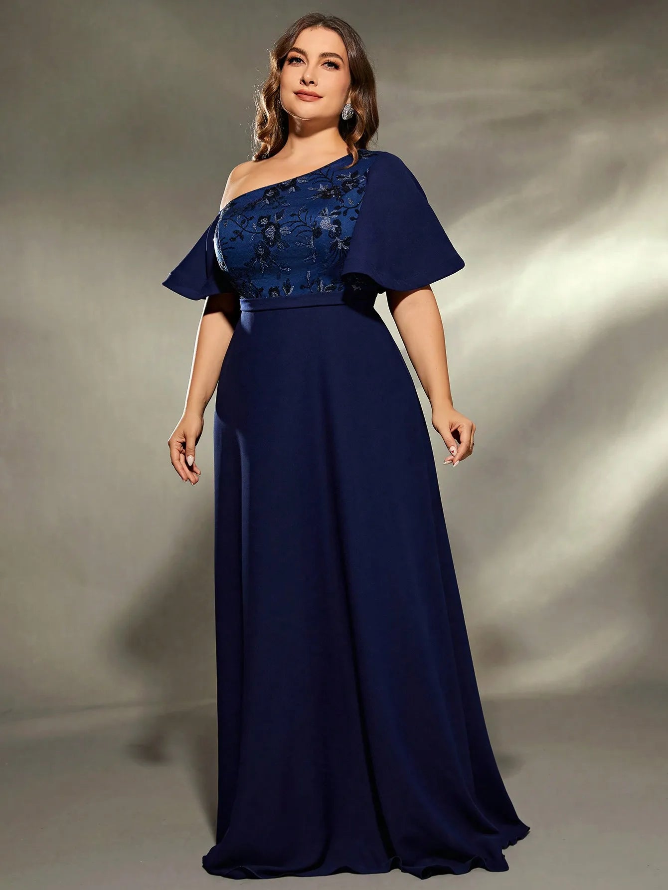 Navy Plus Size Diagonal Shoulder Evening Party Dress Tunics Yoga stretchy