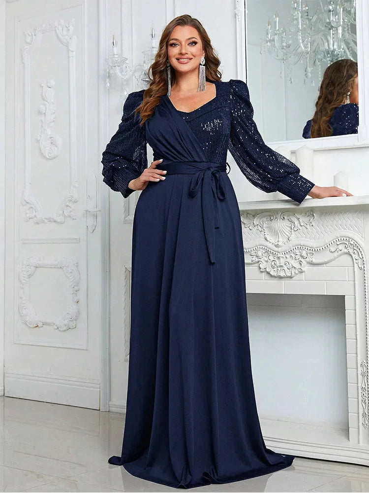 Navy Plus Size V-Neck Long-Sleeved Evening Dresses Tunics Seasonal trendy