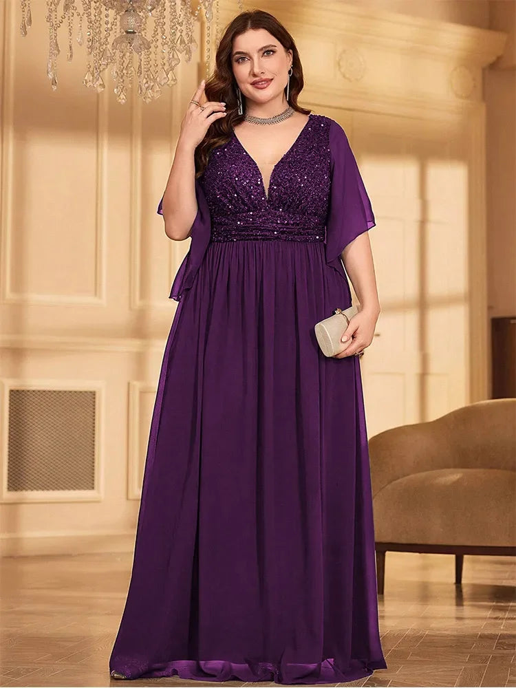 Plus Size Chiffon V-Neck Sequined Short Sleeve Evening Dress Tunics Modern contemporary