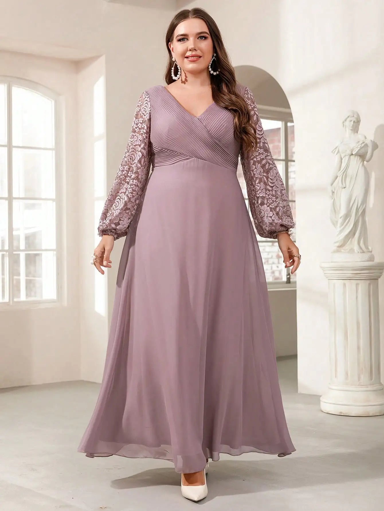 Plus Size Lace Long Sleeve Chiffon Evening Party Dress Tunics Sale discount