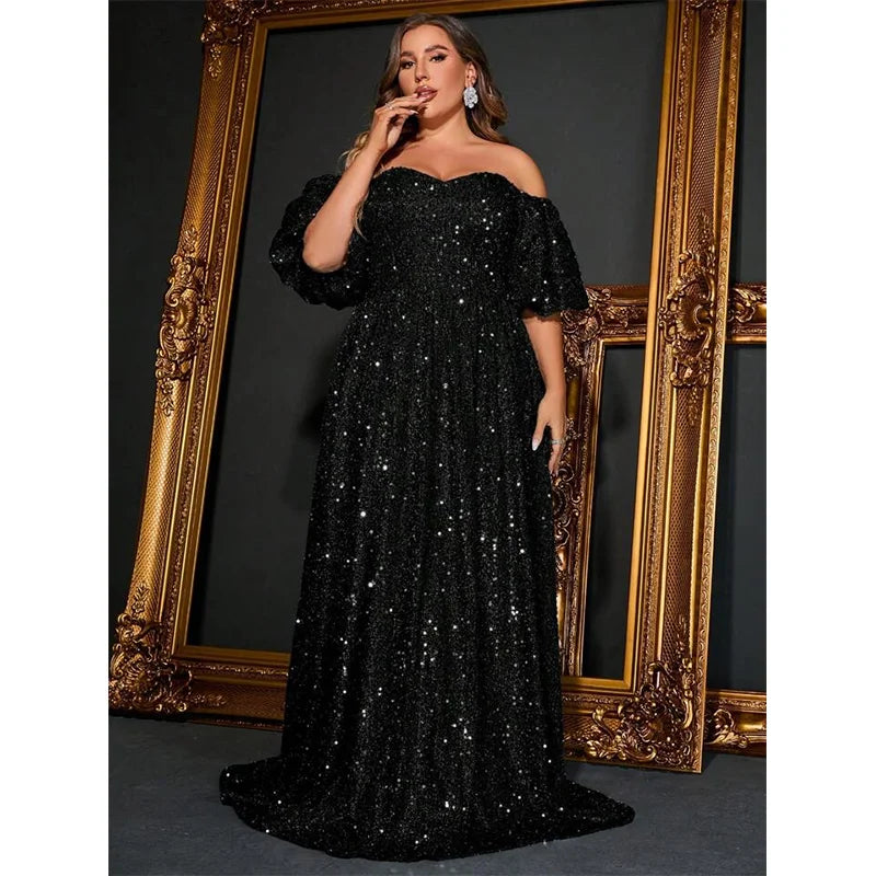 Plus Size Off Shoulder Silver Sequined Evening Dress Tunics Custom made