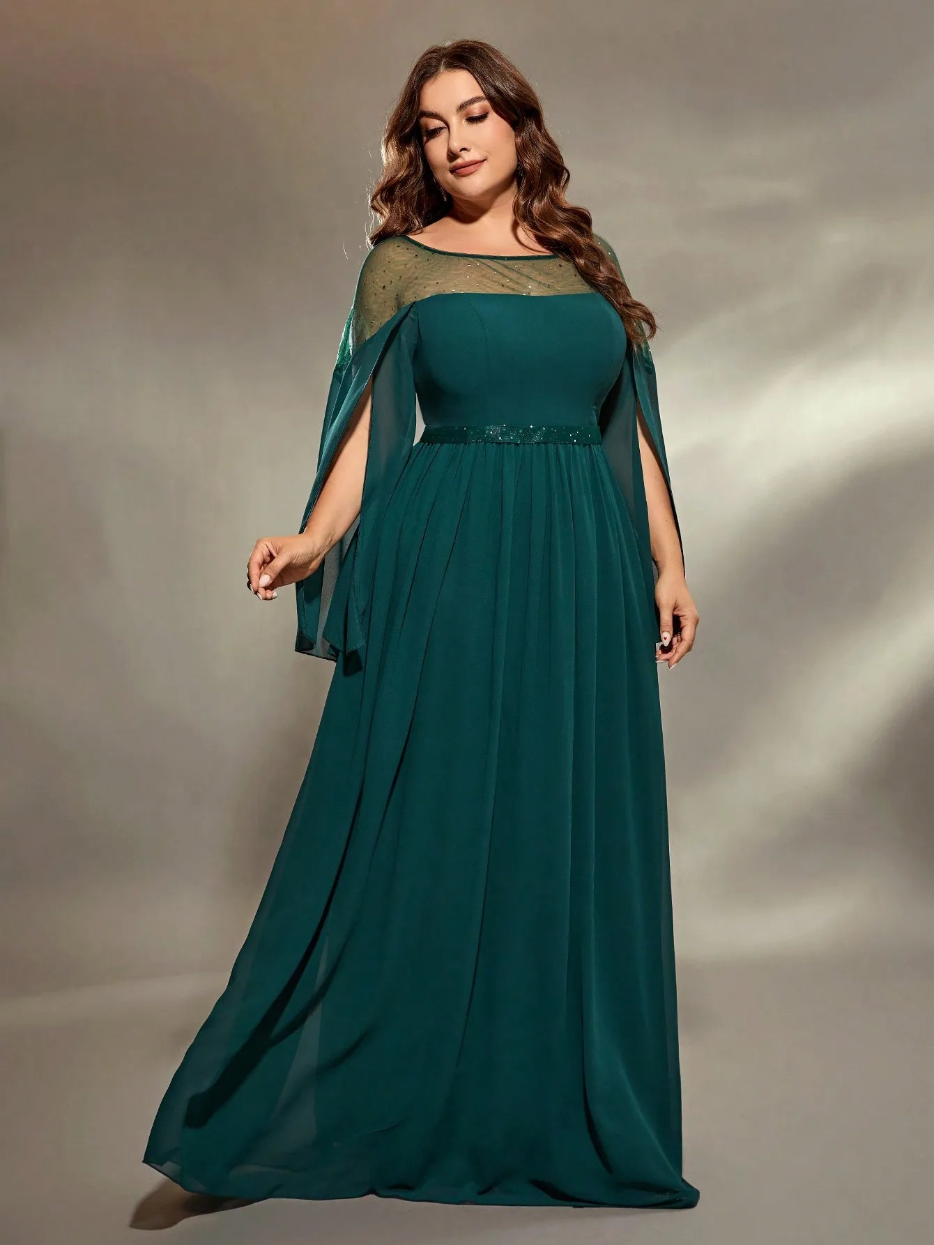 Plus Size Sheer Neckline Sequins Split Sleeve Evening Dress Tunics Leisure comfortable