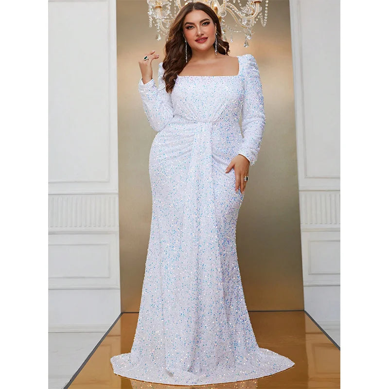 Plus Size Square Neck Long Sleeve White Sequin Evening Dress Tunics Handmade artisanal