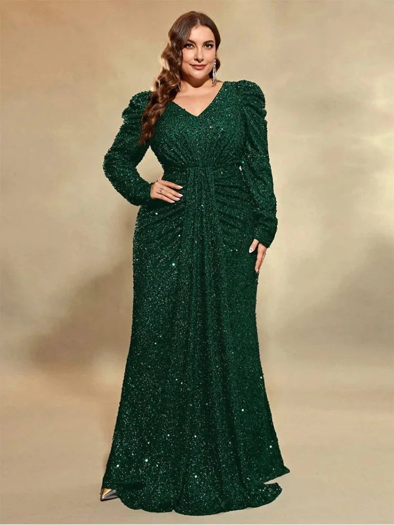 Plus Size V Neck Long Sleeve Sequined Evening Dress Tunics Prom sequined