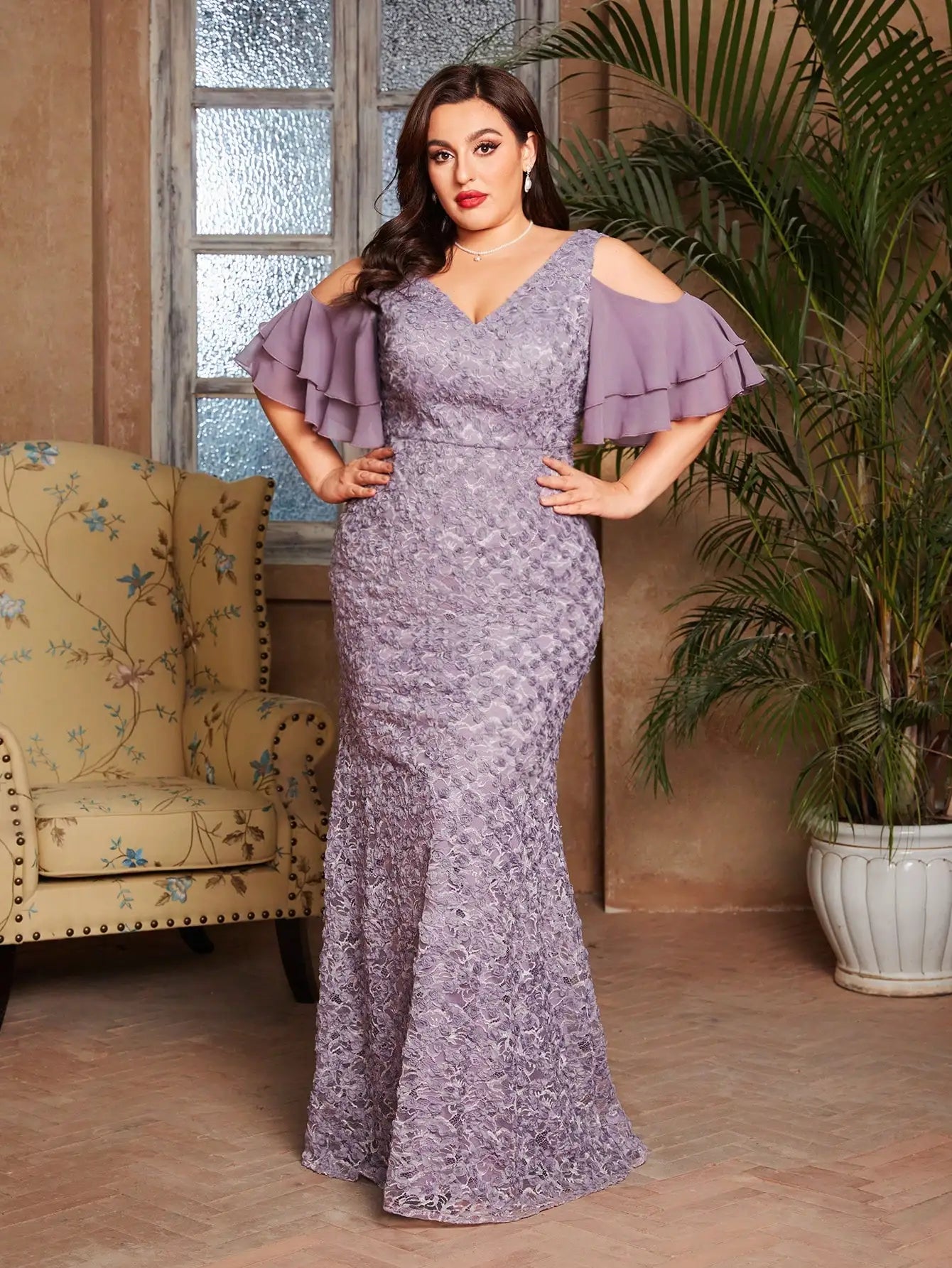 Purple Plus Size Romantic Lace Cold Shoulder Party Dress Tunics New arrival