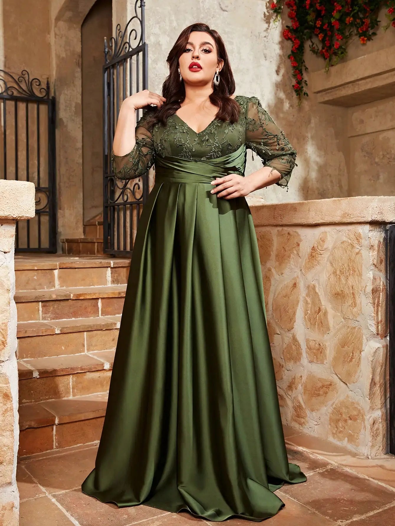 Sage Green Plus Size Satin Lace Embroidery Party Dress Tunics Winter warm