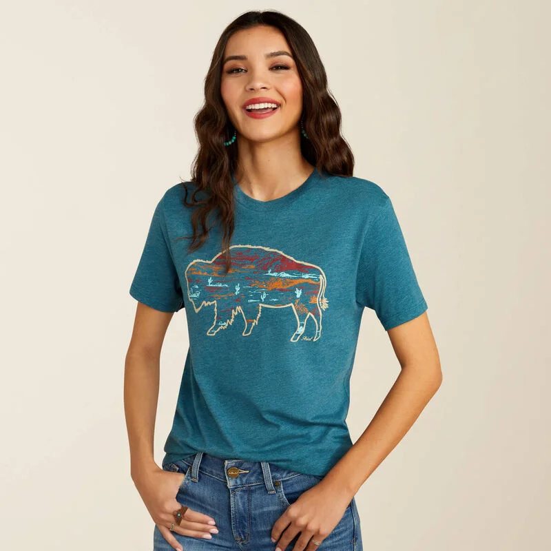 Ariat Women's Deep Sea Heather Bison Ranch Tee 10052540 Spandex Blend Rayon Blend Denim Blend