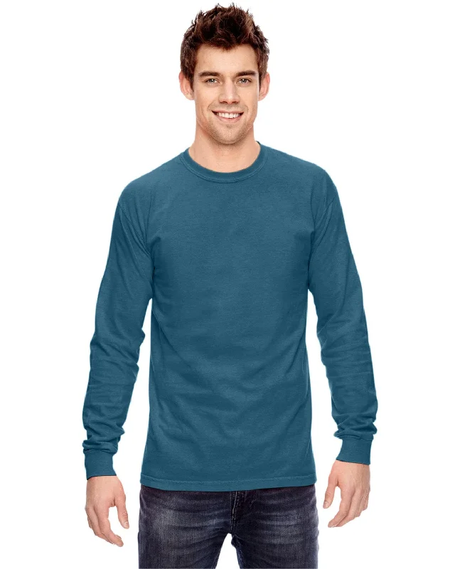 Comfort Colors Garment-Dyed Long Sleeve T-Shirt | Topaz Blue Notch Collar Peter Pan Collar Cowl Neck