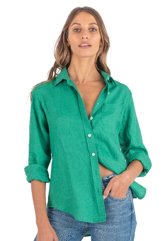 Iris Green Classic Fit Linen Shirt Graphic Embroidered Appliqued